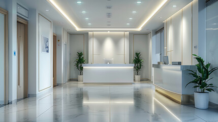 Hospital reception, hospital interior, stable hospital interior. Generative AI.