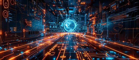 A Sharp-edge digital interface displaying a holographic projection of interconnected circuits and data streams, modern business settings