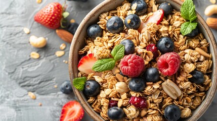 Fototapeta premium A bowl of granola topped with raspberries, blueberries, sliced almonds, and fresh mint leaves