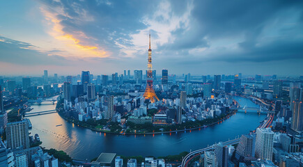 Obraz premium Scenic spots in Tokyo, Japan. Aerial high view. Generative AI.