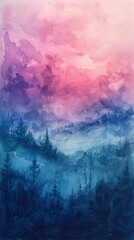 Fototapeta premium Digital painting of a mountain landscape with coniferous forest in pink and blue