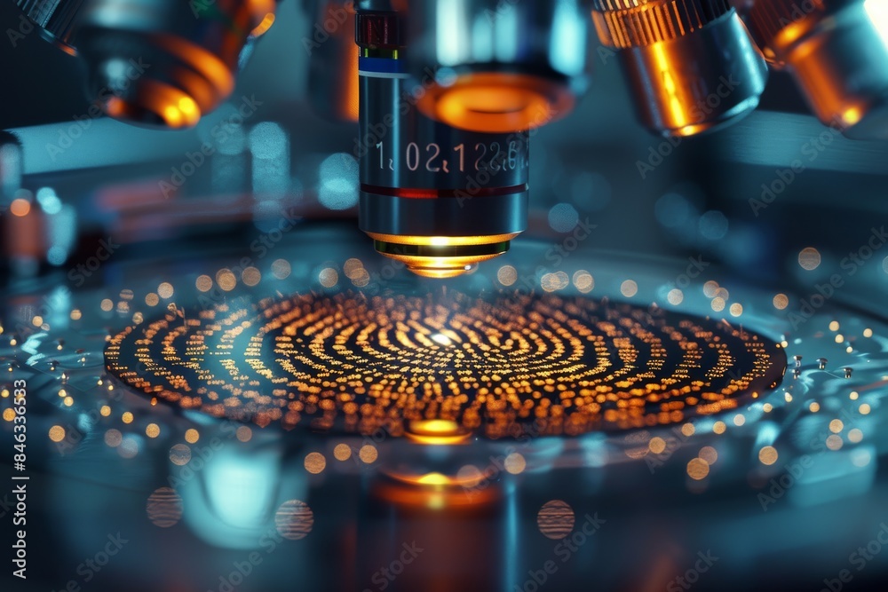 Poster A close-up of a fingerprint on a laboratory slide, being examined under a microscope, showcasing the detailed analysis of forensic evidence. Generative AI.