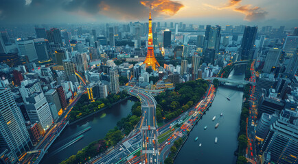 Fototapeta premium Scenic spots in Tokyo, Japan. Aerial high view. Generative AI.