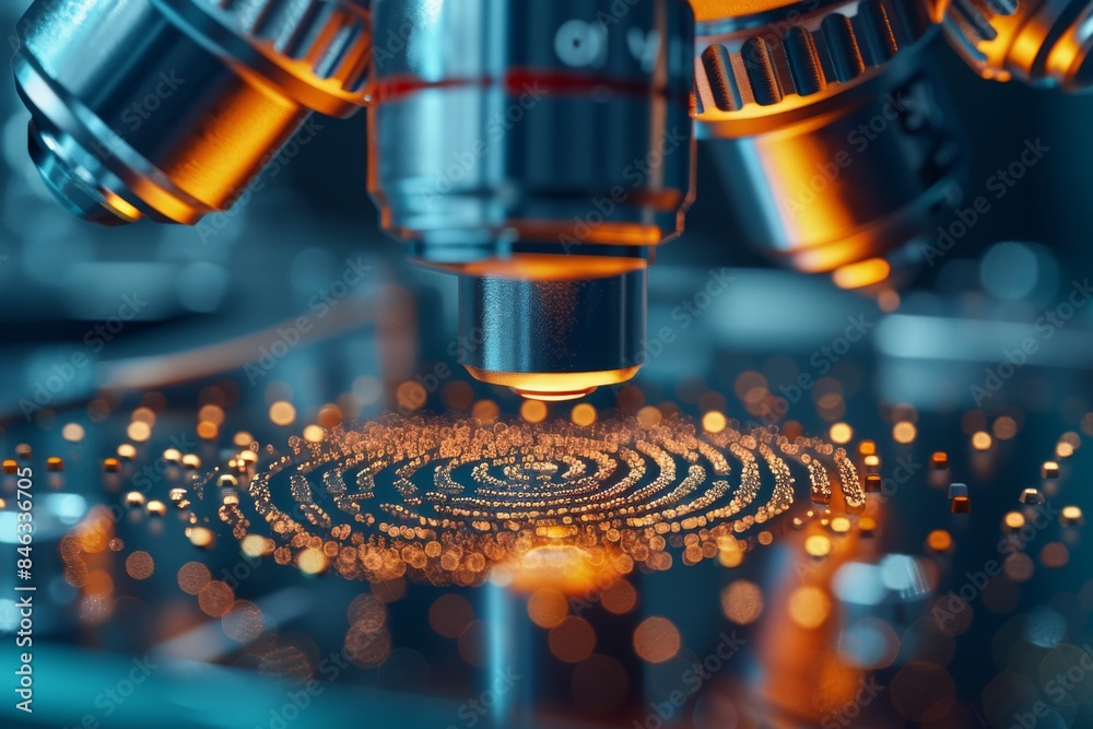 Poster A close-up of a fingerprint on a laboratory slide, being examined under a microscope, showcasing the detailed analysis of forensic evidence. Generative AI.