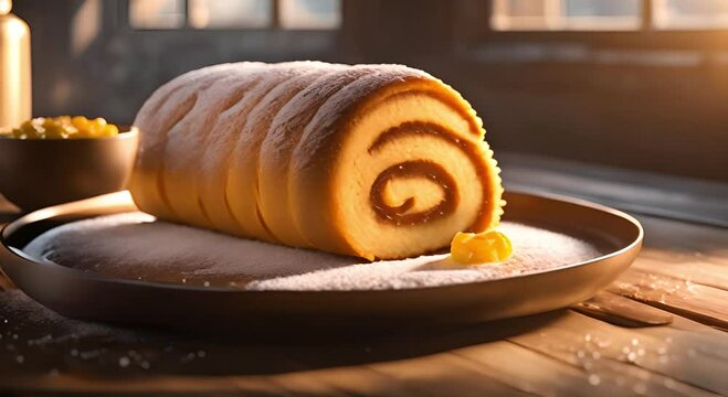 Roll Cake or sponge cake filled with pineapple jam served on the table.