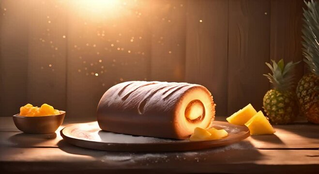 Roll Cake or sponge cake filled with pineapple jam served on the table.