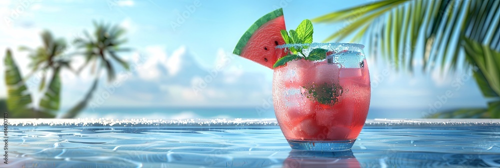 Poster a close-up of a glass of watermelon cocktail garnished with a watermelon wedge and a sprig of mint, 