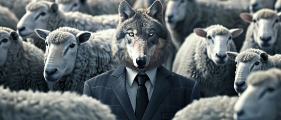 Wolf dressed in a suit standing among sheep, symbolizing corporate deceit and hidden business agendas