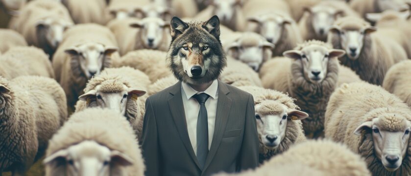 Wolf in a business suit among a flock of sheep, representing corporate betrayal and concealed motives in the business realm