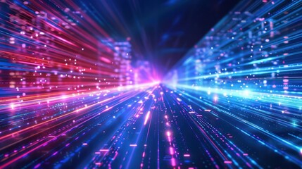 Obraz premium Craft a visually stunning image depicting the synergy between technology and aesthetics through a blue background with vibrant motion neon light trails. 