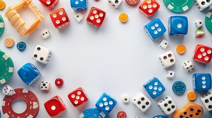 A clean white background with a decorative frame containing dice and board game elements. The colorful symbols contrast sharply with the white background. Leave blank in the center of the frame.