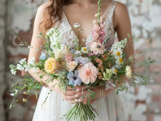 Spring wedding bouquet with pastel flowers and greenery