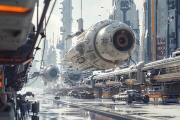 Naklejka premium Futuristic cityscape featuring advanced flying spacecraft and towering buildings, showcasing a highly developed technological future.