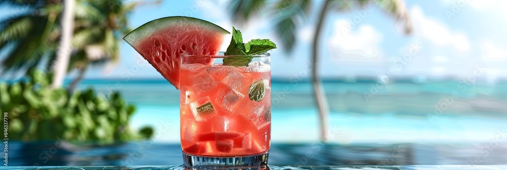 Aufkleber a glass of watermelon cocktail garnished with a wedge of watermelon and a sprig of mint sits on a ta
