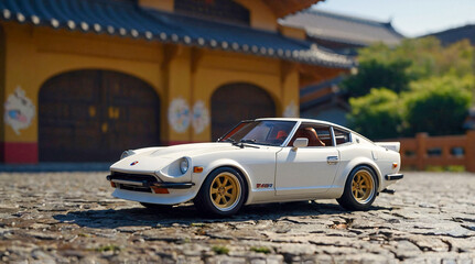 white classic sports car with gold rims. The backdrop features Asian-style buildings with traditional architecture, enhancing the vintage and cultural aesthetic of the scene.