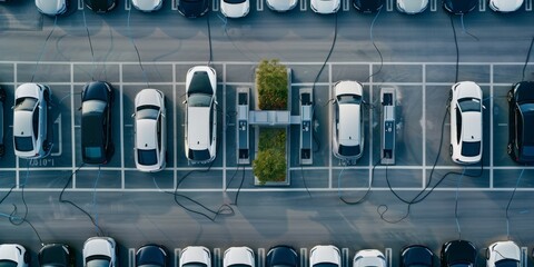An aerial view displays an orderly parking lot with charging stations for electric cars, showcasing modern urban infrastructure and ecofriendly practices for sustainable energy use