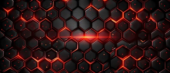 Red luminous lines and bright highlights on a modern dark hexagonal carbon fiber background