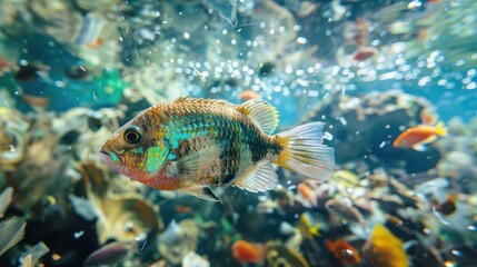 Fototapeta premium Fish Trapped in Plastic Debris: Show small fish or marine organisms trapped amidst plastic waste, struggling to navigate through a polluted underwater environment. 
