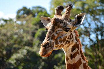 Obraz premium Brown spotted griraffe head looking to right and soft focus forest of trees, Close up of a giraffe in front of some green trees, Close up of giraffe head in profile, Giraffe in the park on a summer