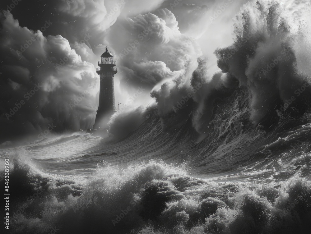 Wall mural A lighthouse is shown in the middle of a large wave