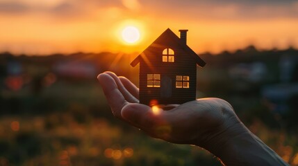 Hand holding a tiny house, representing home ownership, set against a softly blurred backdrop