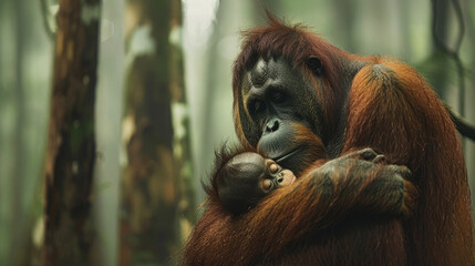 Fototapeta premium Orangutan Mother Cradling Infant