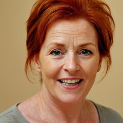 Smiling Mature Woman with Red Hair: Joyful Portrait of a Happy Senior Lady