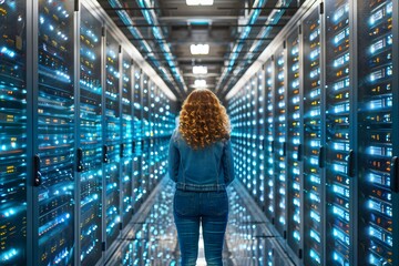 Woman in Denim in a High-Tech Server Room for Cybersecurity and Data Management Imagery