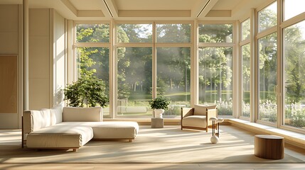 A sunroom with a clean, minimalist design, featuring simple furniture, neutral tones, and large windows allowing an abundance of natural light