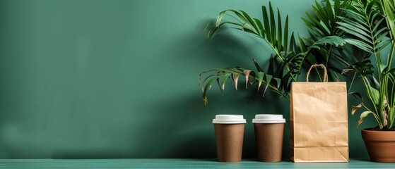 Diverse potted plants in front of a green background, paired with a brown paper bag and three brown cups with white lids Minimalist, nature-inspired setup