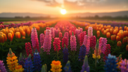 Drone Pollination in a Field of Colorful Flowers at Sunset