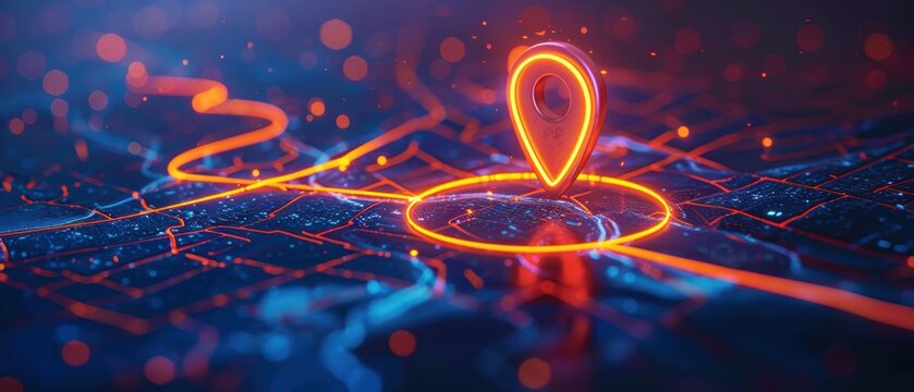 Digital GPS location with glowing pin and route path on a futuristic map