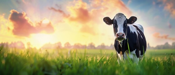 Dairy cow standing on a lush green grass field with a bright sky in the background