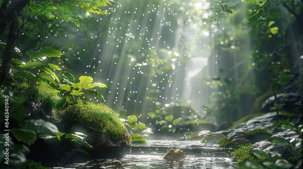 Poster Jungle forest, misty rain is falling on moss covered rocks and tree trunks with green leaves. A small stream flows through it as sunlight filters through foliage creating soft light. Generative AI.