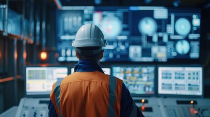 Control room in a clean energy company, filled with advanced systems for monitoring grid technologies, with an engineer in safety gear