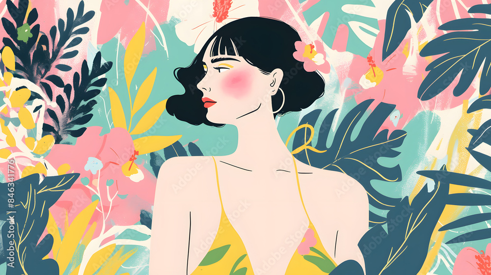 Wall mural serene woman surrounded by tropical foliage in vibrant illustration