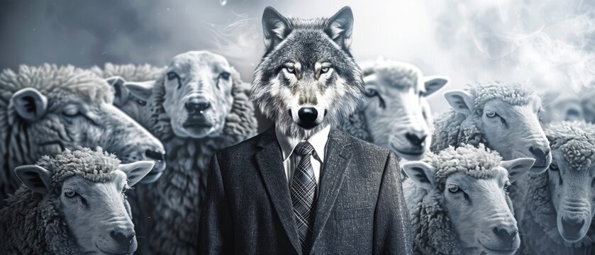 Business betrayal imagery with a wolf in a suit among sheep, highlighting the theme of hidden agendas in the corporate world