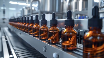 Advanced cosmetic manufacturing in a sleek factory setting, with rows of amber dropper bottles on a production line Bright, sterile environment highlighting modern techniques