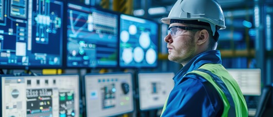Advanced clean energy control room, showcasing high-tech monitoring tools for grid technologies, with a technician in safety equipment