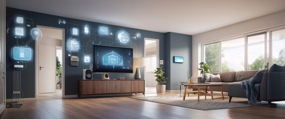 illustrate the concept of the Internet of Things with an image of a smart home, featuring various connected devices and appliances, shot from a low angle with a wide-angle lens