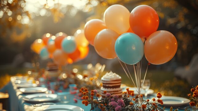 A vibrant birthday party table, adorned with colorful balloons and a tempting cake, takes center stage in a picturesque garden, blending the joy of celebration with the splendor of nature