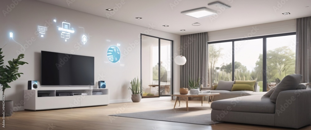 Wall mural illustrate the concept of the Internet of Things with an image of a smart home, featuring various connected devices and appliances, shot from a low angle with a wide-angle lens