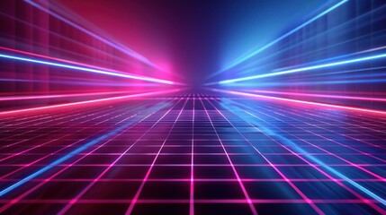 Illustrate the nostalgia of the 80s with a vibrant abstract background of blue and pink glowing light beams over a grid floor.