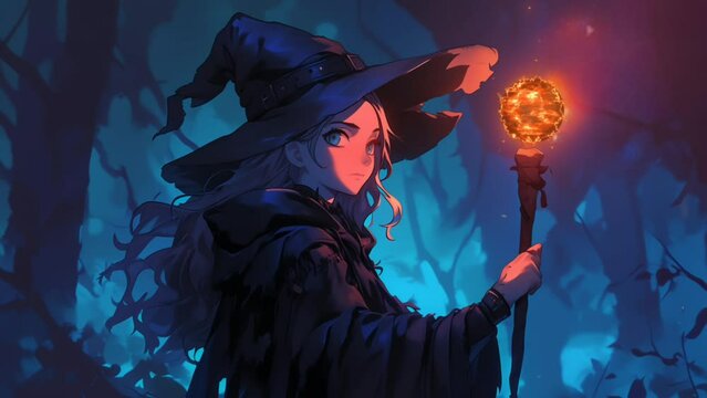 Animation background of a female witch holding a magic wand. seamless looping time-lapse animation background