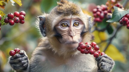 Monkey loved the juicy berries of that tree. Generative AI.