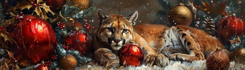 Eye-level angle of a cougar surrounded by Christmas ornaments in a sunny July setting, festive decor, summer-themed holiday celebration, joyful wildlife, meticulous oil painting, rich and detailed