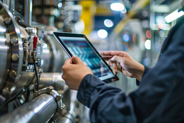 Hands holding smart industry control tablet with blurry machine in background