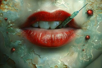 Fototapeta premium Surreal Medical Concept, Red Lips with Syringe, Biological Elements, Digital Art for Science Fiction