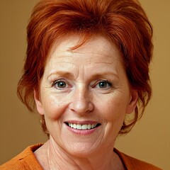 Smiling Mature Woman with Red Hair: Joyful Portrait of a Happy Senior Lady