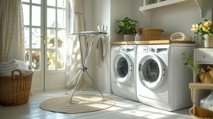 Neat laundry room, large washing machine, iron board stand, white background, natural light. Generative AI.